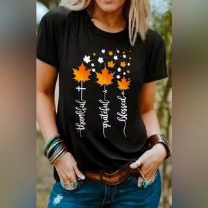 NEW 🍁 Grateful-Thankful-Blessed Maple Leaf & Crew Neck Short Sleeve T-shirt